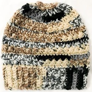 Crocheted messy bun/ponytail beanie